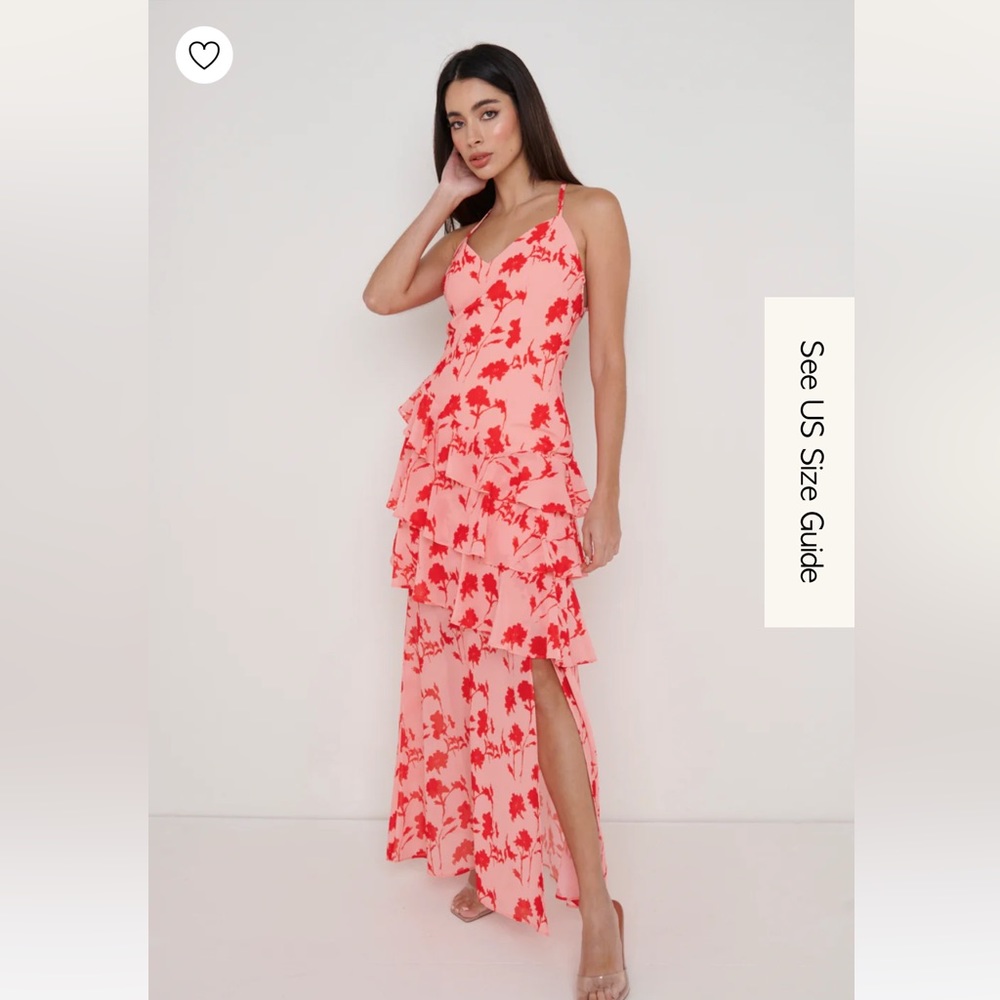 Pretty Lavish Hettie Asymmetric ruffle maxi dress pink and red floral UK 6 US 2